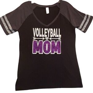 Volleyball Mom Baseball Jersey style Tee - Black and Glitter Purple Sz. M EPOC
